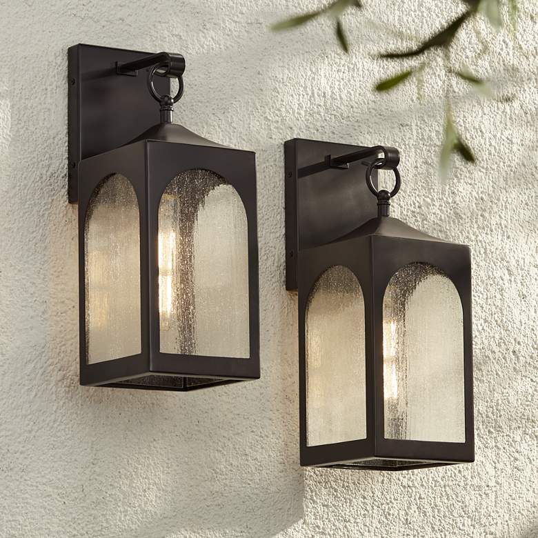 Image 1 Possini Euro Tyne 16 1/2 inchH Bronze Lantern Outdoor Wall Light Set of 2