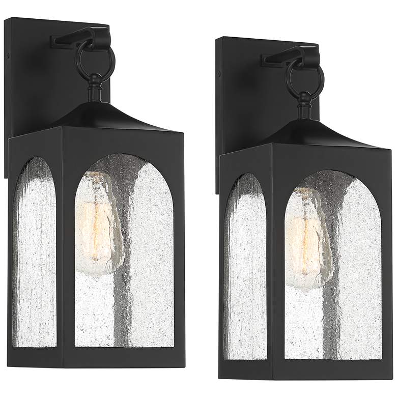 Image 1 Possini Euro Tyne 16" Matte Black Lantern Outdoor Wall Light Set of 2