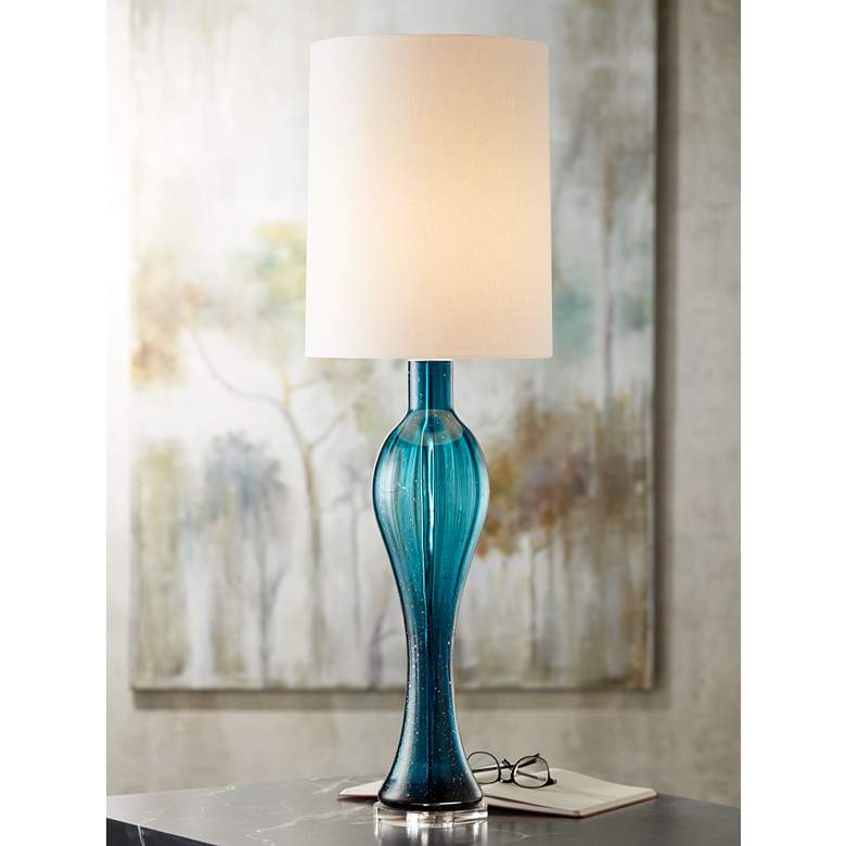 Image 1 Possini Euro Tyra Blue Fluted Art Glass Console Table Lamp