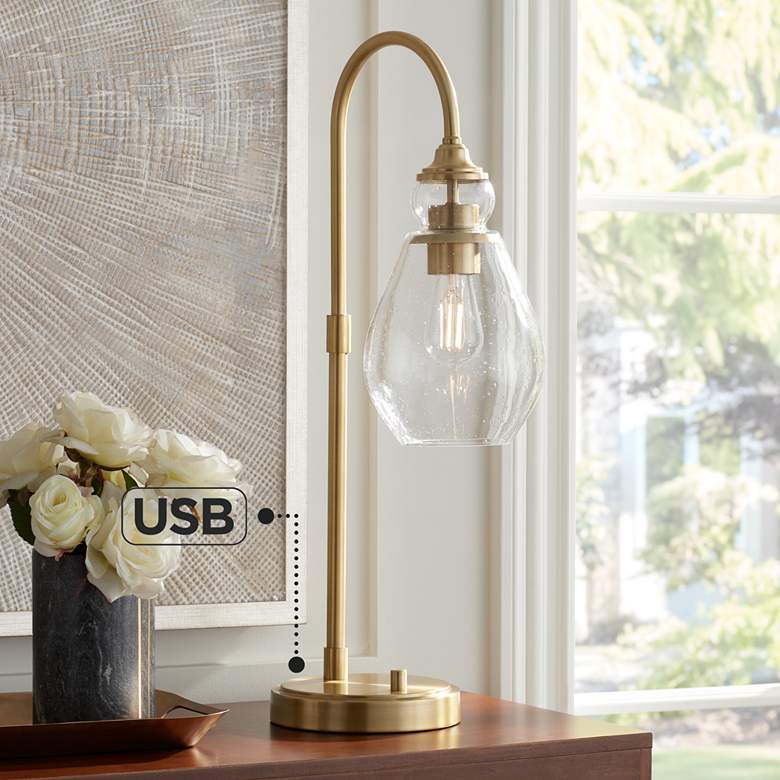Possini Euro Vaile Desk Lamp with Dual USB Ports Warm Gold with Glass ...