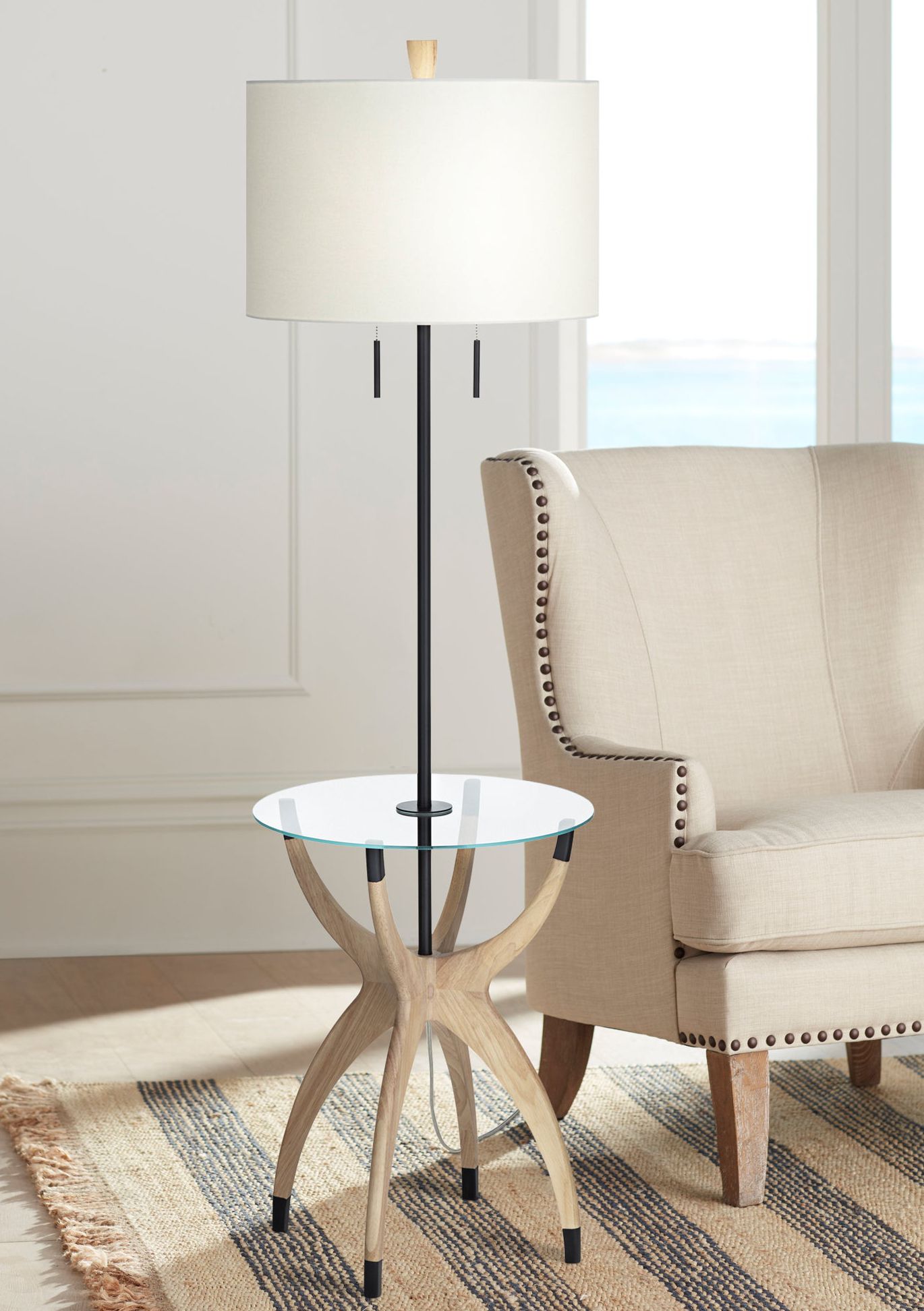 Image Possini Euro Vanguard 64" Light Oak Modern Glass Tray Floor Lamp