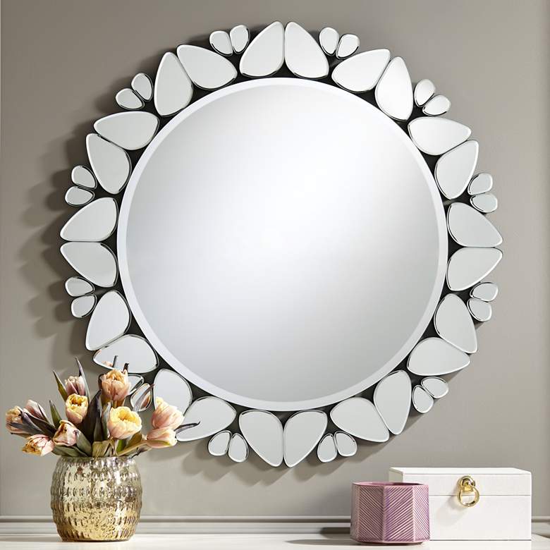 Image 1 Possini Euro Veneto Cut Glass Pattern 32 inch Round Wall Mirror