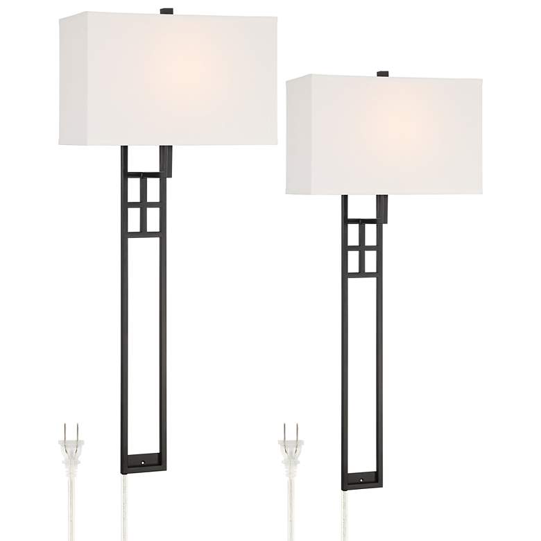 Image 1 Possini Euro Ventano 38 inch High Black Metal Plug-In Wall Lamps Set of 2