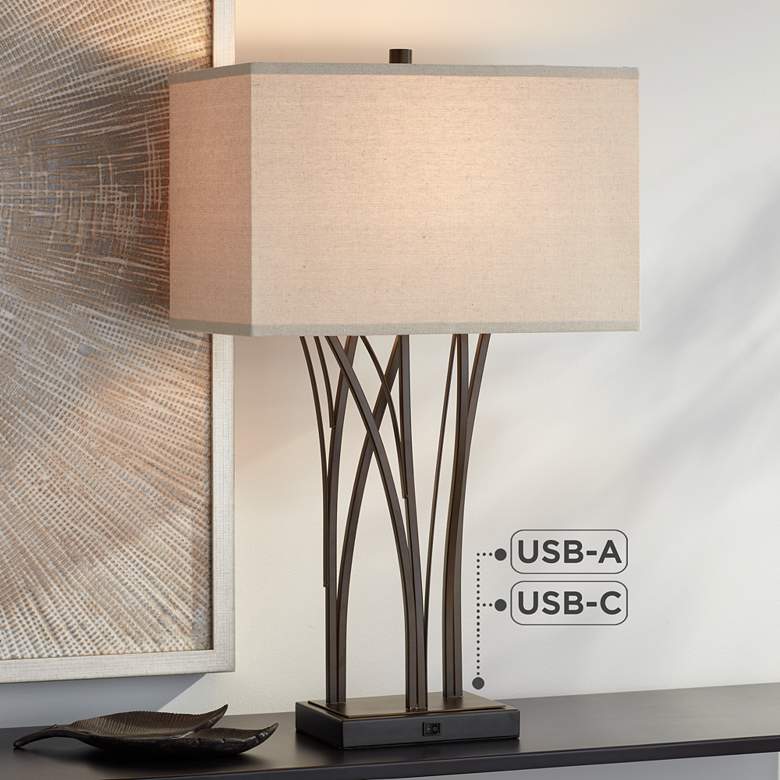 Image 1 Possini Euro Verity 29 inch Bronze Reed Dual USB Table Lamp