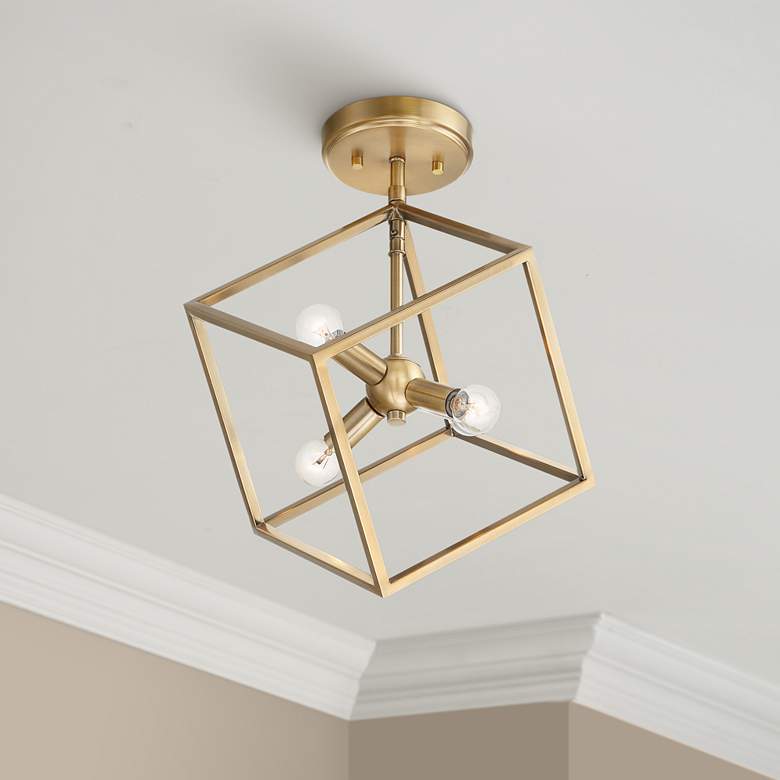 Image 1 Possini Euro Verrin 13 3/4 inch Wide Warm Brass Modern Cube Ceiling Light