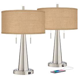 Image2 of Possini Euro Vicki 23" Burlap and Nickel USB Table Lamps Set of 2