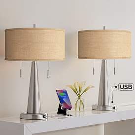Image1 of Possini Euro Vicki 23" Burlap and Nickel USB Table Lamps Set of 2