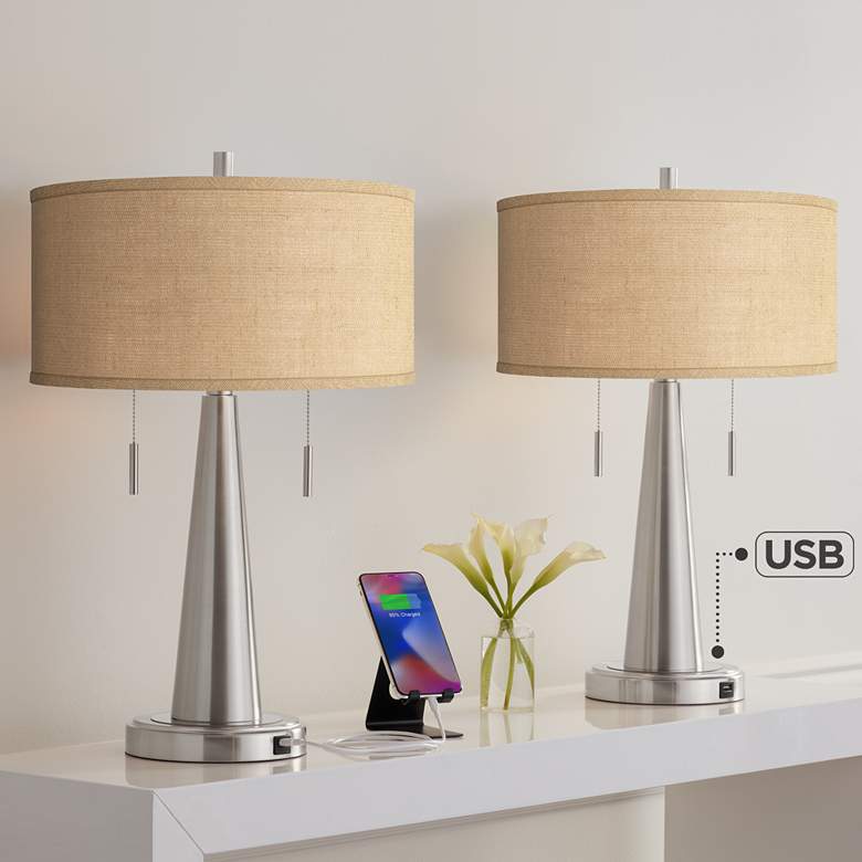 Image 1 Possini Euro Vicki 23" Burlap and Nickel USB Table Lamps Set of 2