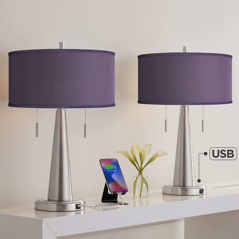 Image 1 Possini Euro Vicki 23" Eggplant Purple and Nickel USB Lamps Set of 2