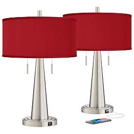 Image2 of Possini Euro Vicki 23" Red Faux Silk Nickel USB Table Lamps Set of 2