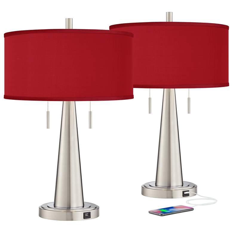 Image 2 Possini Euro Vicki 23 inch Red Faux Silk Nickel USB Table Lamps Set of 2