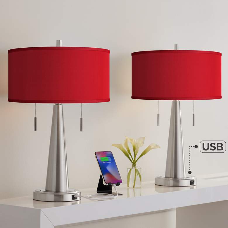 Image 1 Possini Euro Vicki 23" Red Faux Silk Nickel USB Table Lamps Set of 2