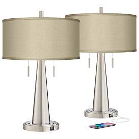 Image2 of Possini Euro Vicki 23" Taupe Faux Silk and Nickel USB Lamps Set of 2