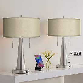 Image1 of Possini Euro Vicki 23" Taupe Faux Silk and Nickel USB Lamps Set of 2