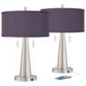 Possini Euro Vicki Nickel USB Lamps with Eggplant Purple Shades Set of 2