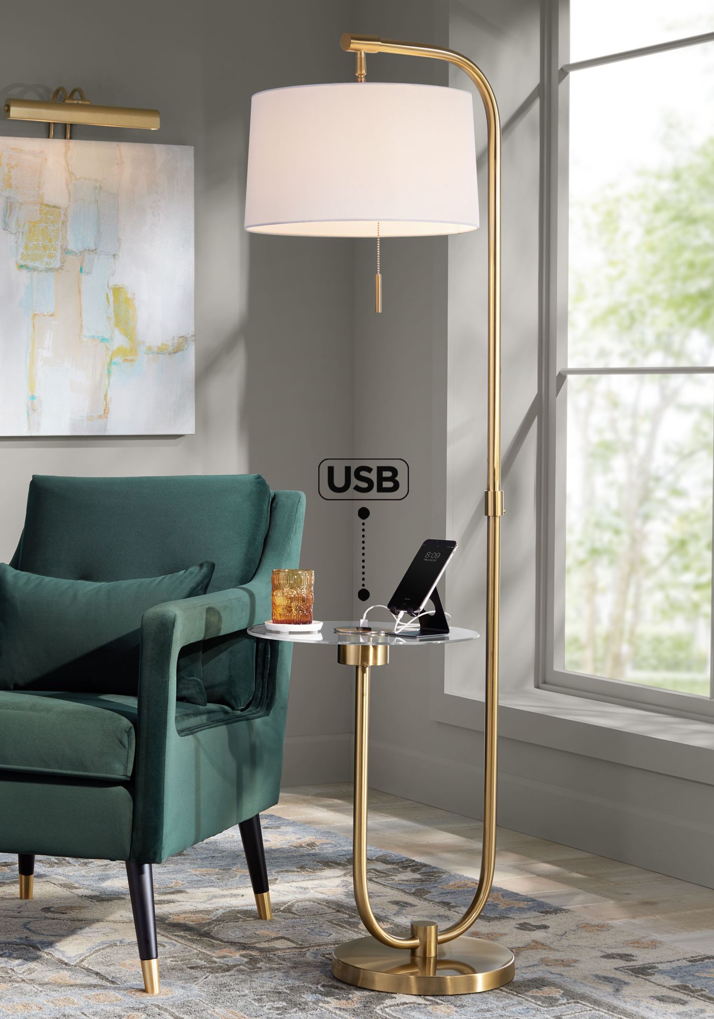 Possini Euro Volta 66" Antique Brass USB Tray Table Floor Lamp in scene