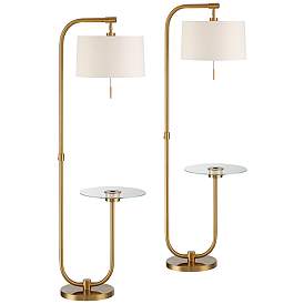 Image2 of Possini Euro Volta Brass Finish Glass Tray Table USB Floor Lamps Set of 2