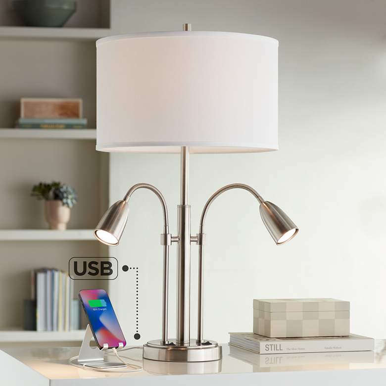 Image 1 Possini Euro Wagner 29 3/4 inch Brushed Nickel USB Gooseneck Table Lamp