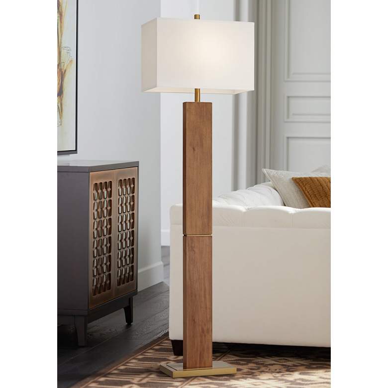Image 1 Possini Euro Walnut Grove 64" Solid Wood Column Floor Lamp with Dimmer