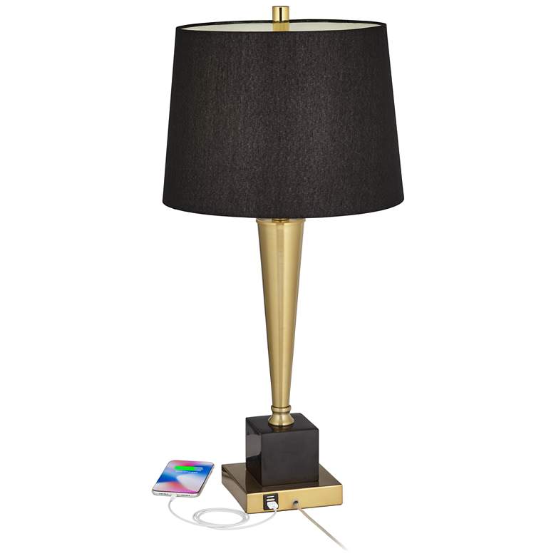 Image 3 Possini Euro Wayne 29 1/4" Brass and Black Marble USB Lamps Set of 2 more views