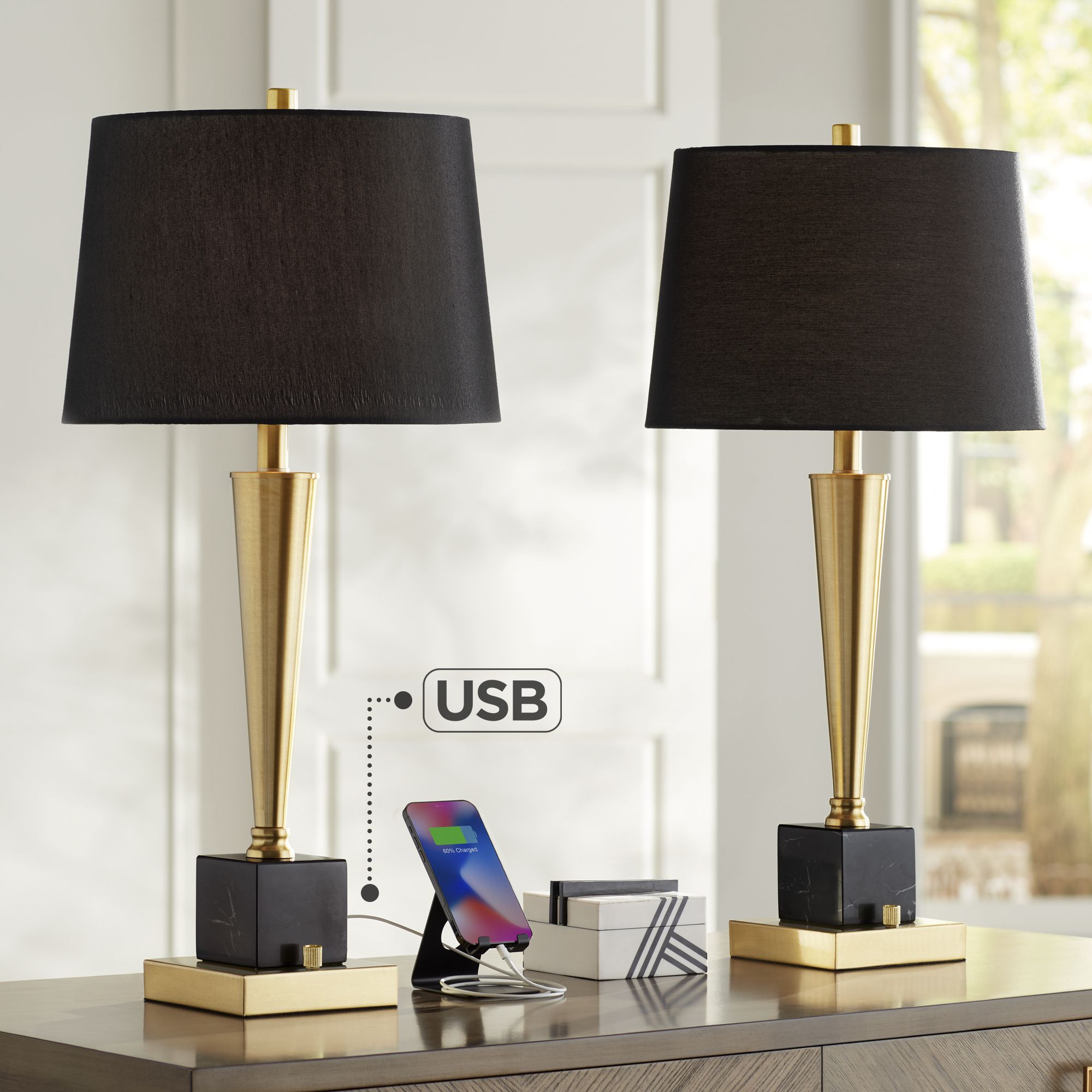 Possini Euro Wayne 29 1/4" Brass and Black Marble USB Lamps Set of 2