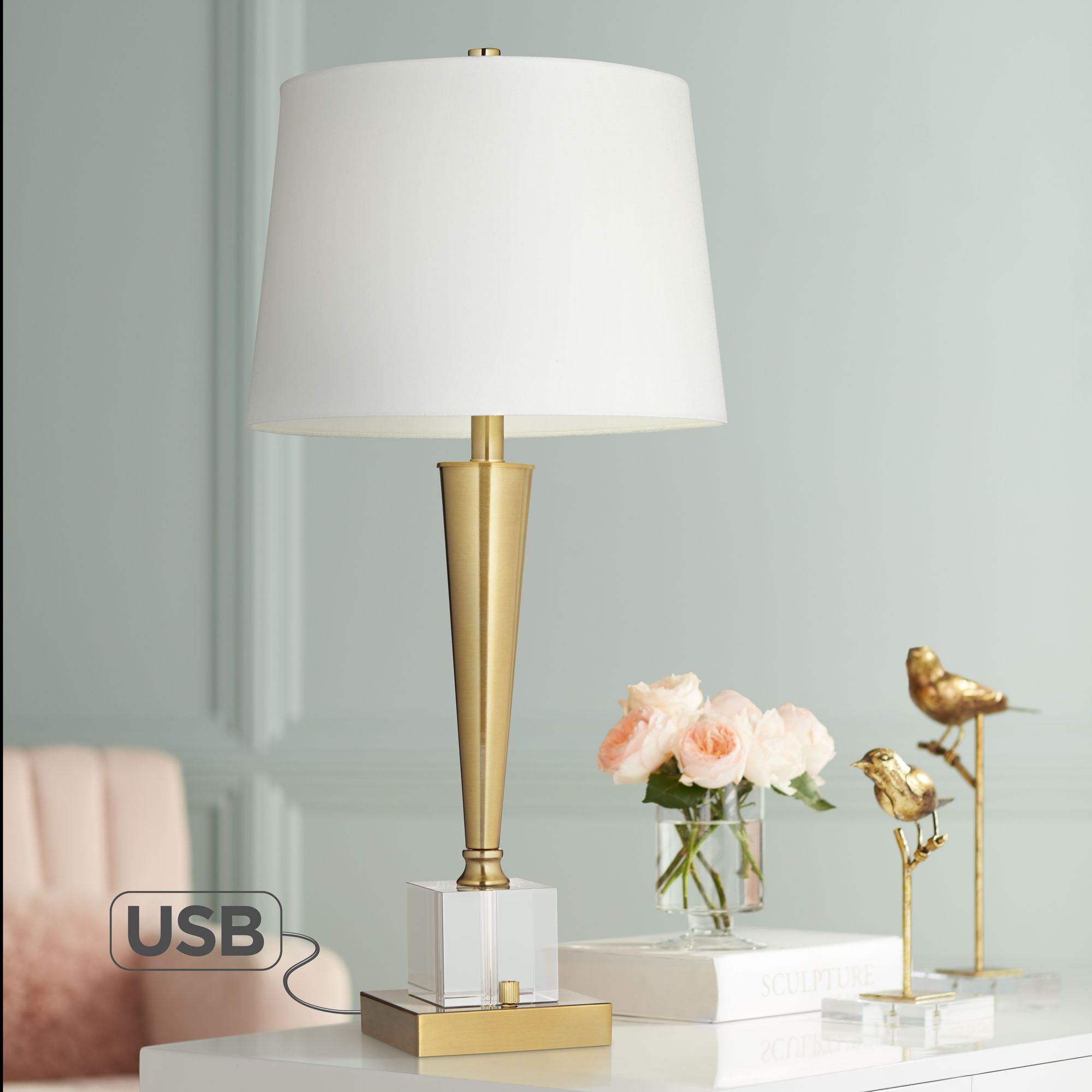 Possini Euro Wayne 29 1/4"  Brass and Crystal USB Lamps Set of 2