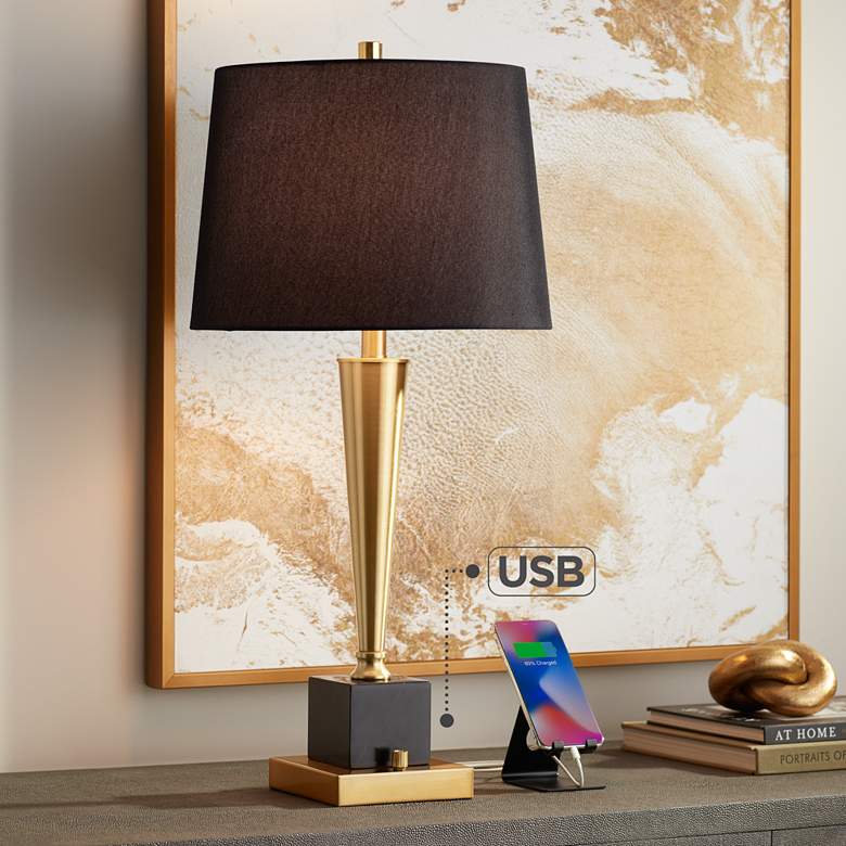 Image 1 Possini Euro Wayne 29 1/4" Brass and Marble Table Lamp with USB Ports