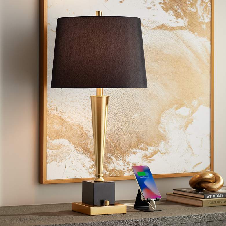 Image 1 Possini Euro Wayne 29 1/4" Brass and Marble Table Lamp with USB Ports