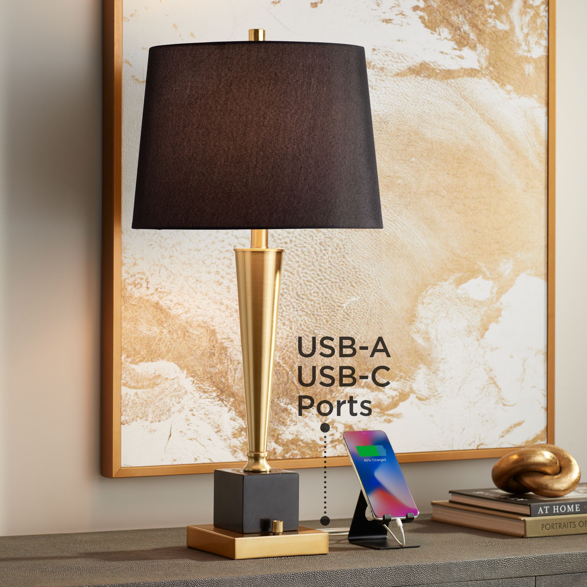 Possini Euro Wayne 29 1/4" Brass and Marble Table Lamp with USB Ports