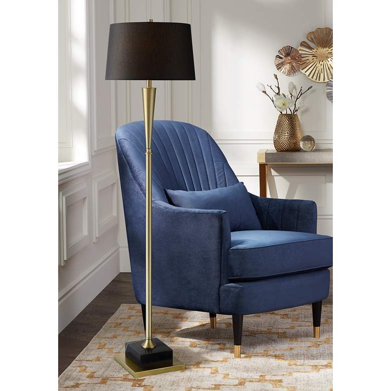 Image 1 Possini Euro Wayne Antique Brass Metal and Black Marble Floor Lamp