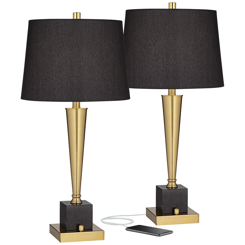 Image 2 Possini Euro Wayne Brass and Black Marble Lamps with USB Ports Set of 2