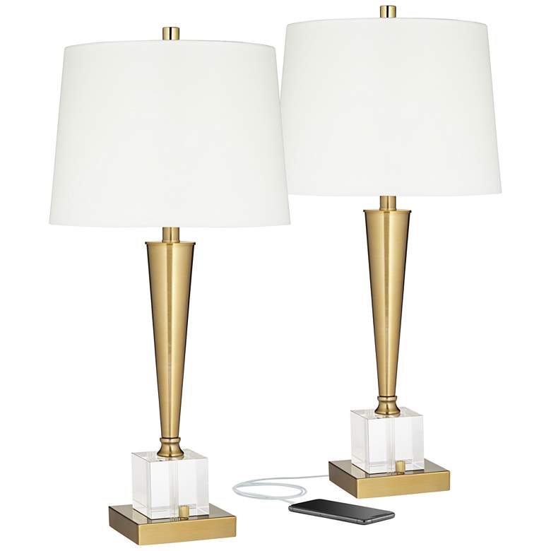 Image 2 Possini Euro Wayne Brass and Crystal Table Lamps with USB Ports Set of 2
