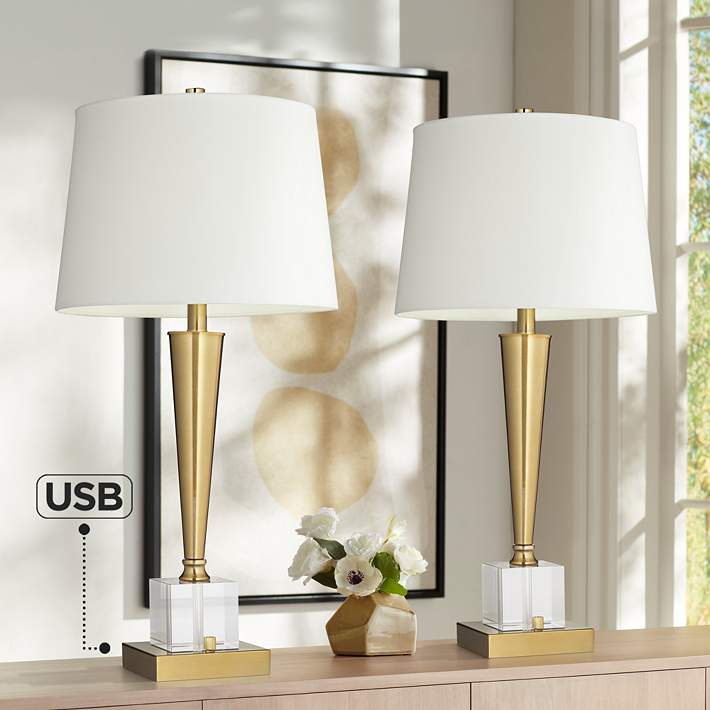 Possini Euro Wayne Brass and Crystal Table Lamps with USB Ports Set of 2 -  #703M1
