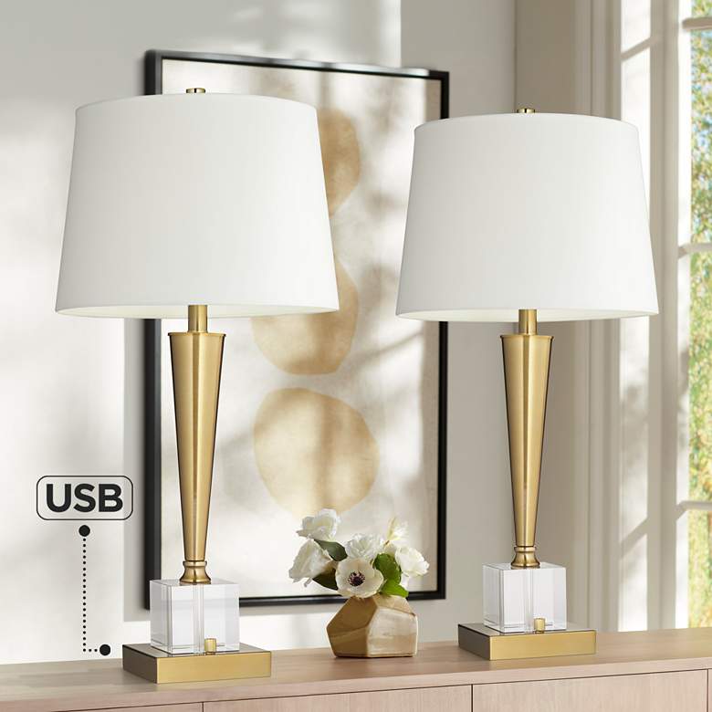 Image 1 Possini Euro Wayne Brass and Crystal Table Lamps with USB Ports Set of 2