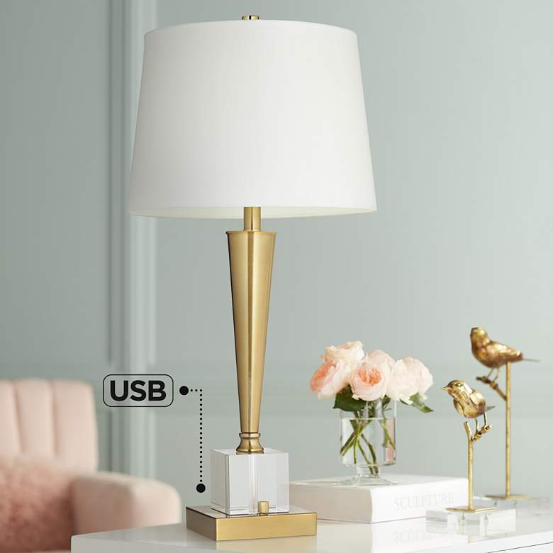 Image 1 Possini Euro Wayne Brass Metal and Crystal Table Lamp with USB Ports