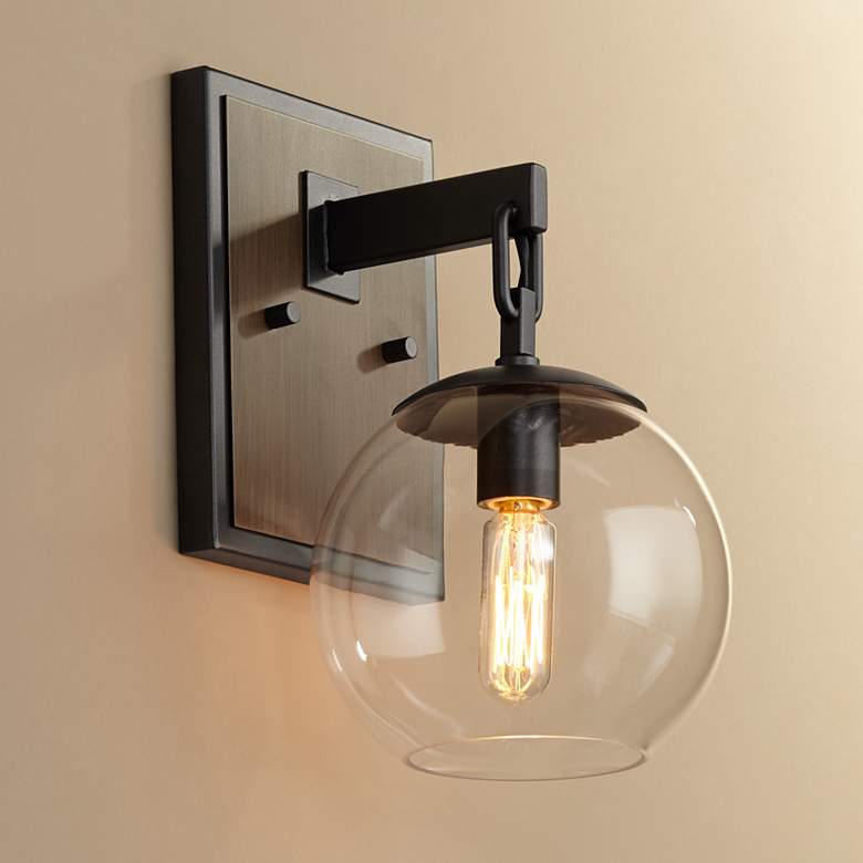 Image 1 Possini Euro Webly 10" High Gunmetal and Wood Wall Sconce