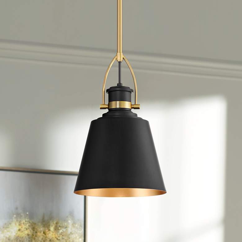 Image 1 Possini Euro West 8"W Matte Black and Sand Gold Mini Pendant
