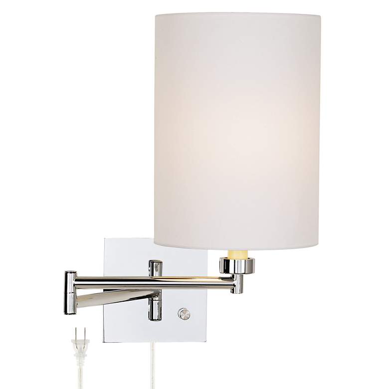 Image 1 Possini Euro White Cotton Drum Shade Chrome Plug-In Swing Arm Wall Lamp