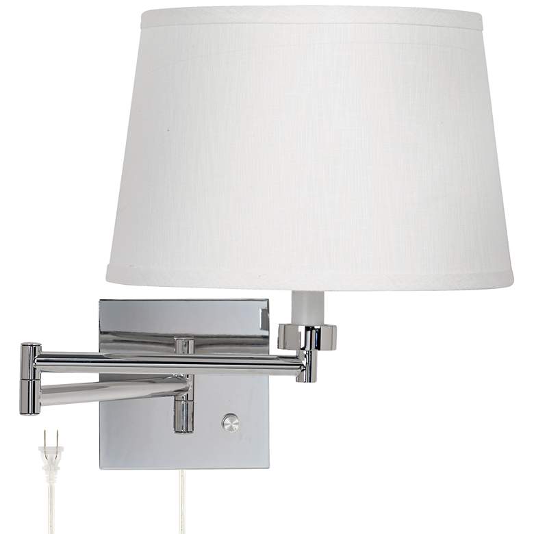 Image 1 Possini Euro White Linen Drum Shade Chrome Plug-In Swing Arm Wall Lamp