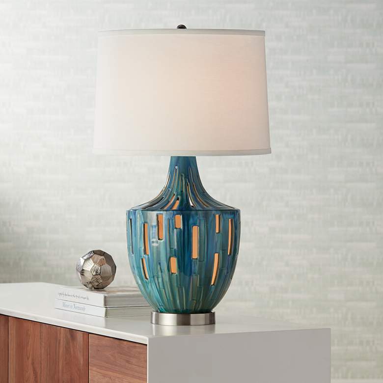 Image 1 Possini Euro Will Teal Blue Ceramic Nightlight Table Lamp
