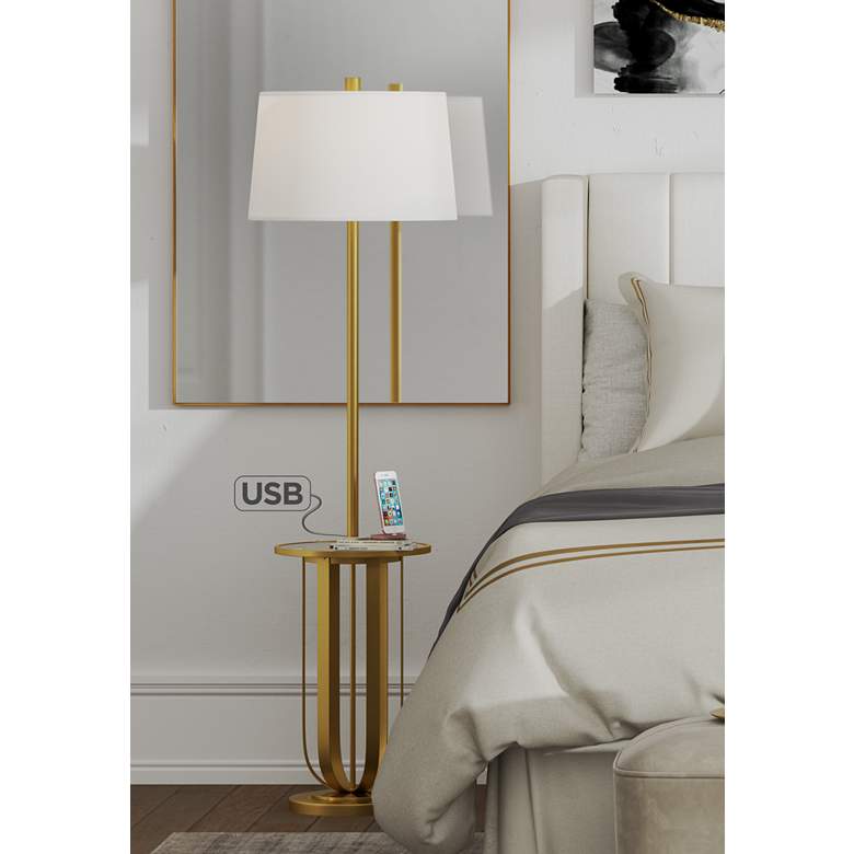 Image 1 Possini Euro Wilshire Brass USB Tray Table Floor Lamp