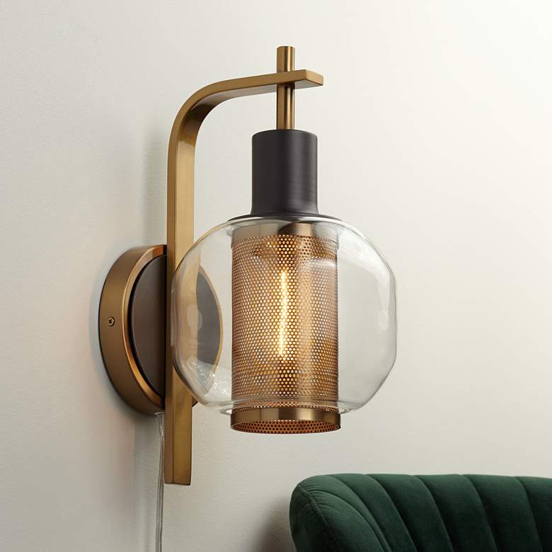 Image 1 Possini Euro Winslow Gold and Gunmetal Plug-In LED Wall Lamp