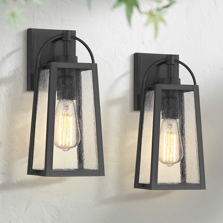 Image 1 Possini Euro Woodley 13" High Sand Black Outdoor Wall Light Set of 2