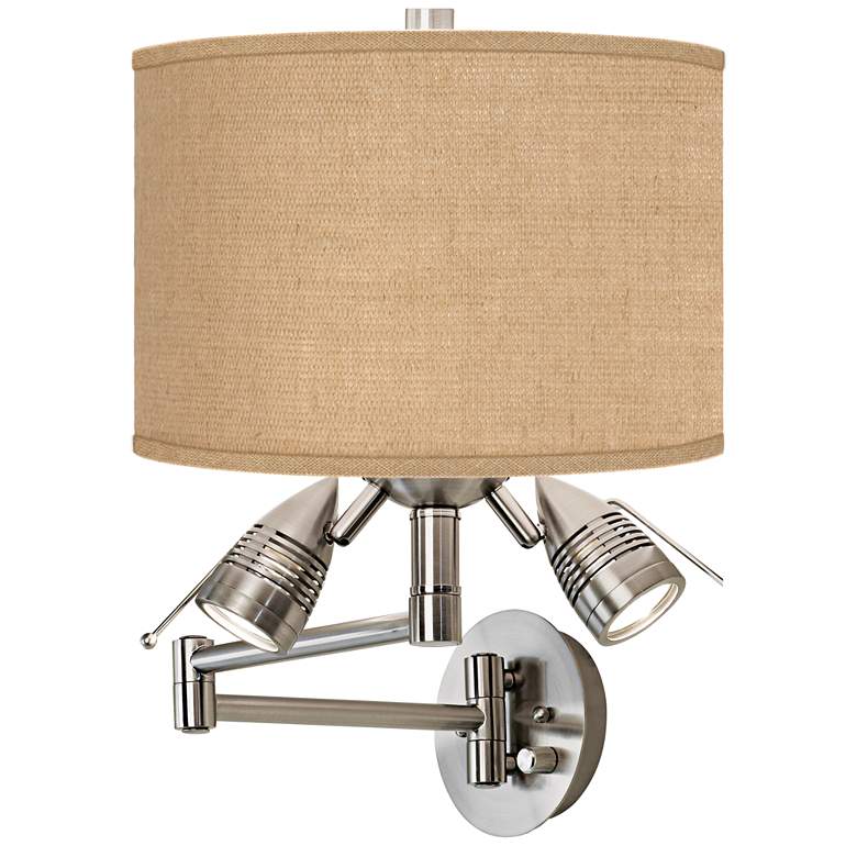 Image 1 Possini Euro Woven Burlap Brushed Nickel Plug-In Swing Arm Wall Lamp