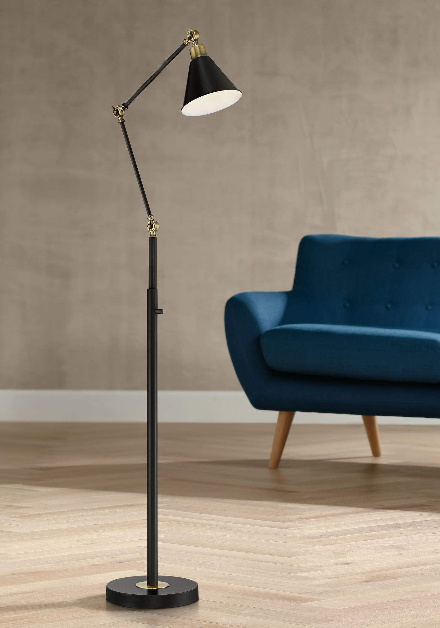 Possini Euro Wray Black and Antique Brass Adjustable Floor Lamps Set of 2