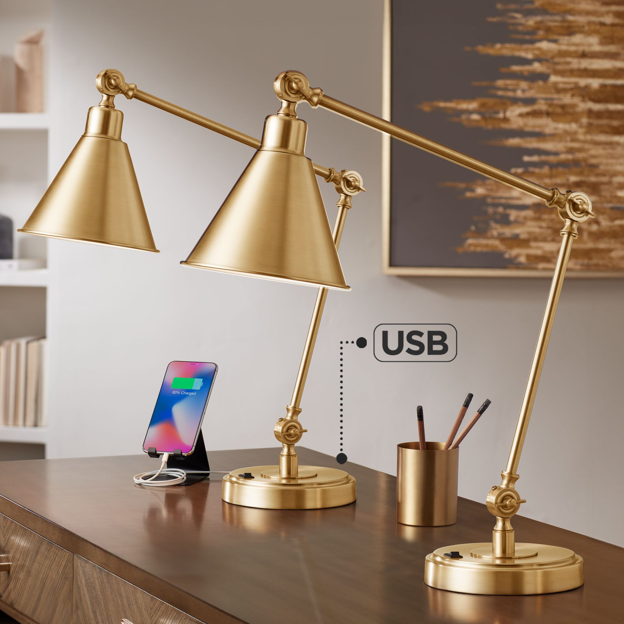 Possini Euro Wray Warm Antique Gold Adjustable USB Desk Lamps Set of 2