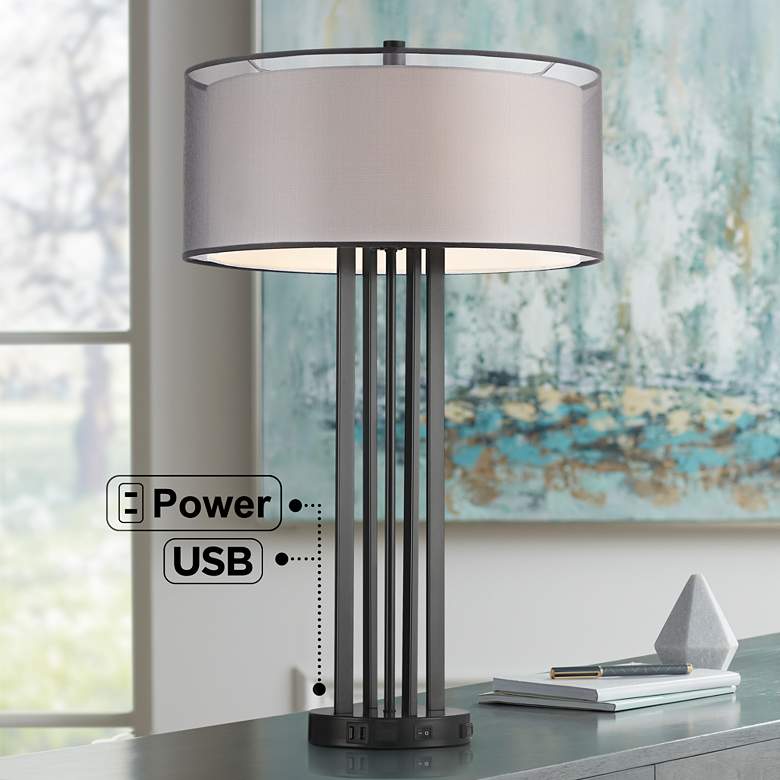 Image 1 Possini Euro Wyatt Black Table Lamp with USB Ports and Outlet