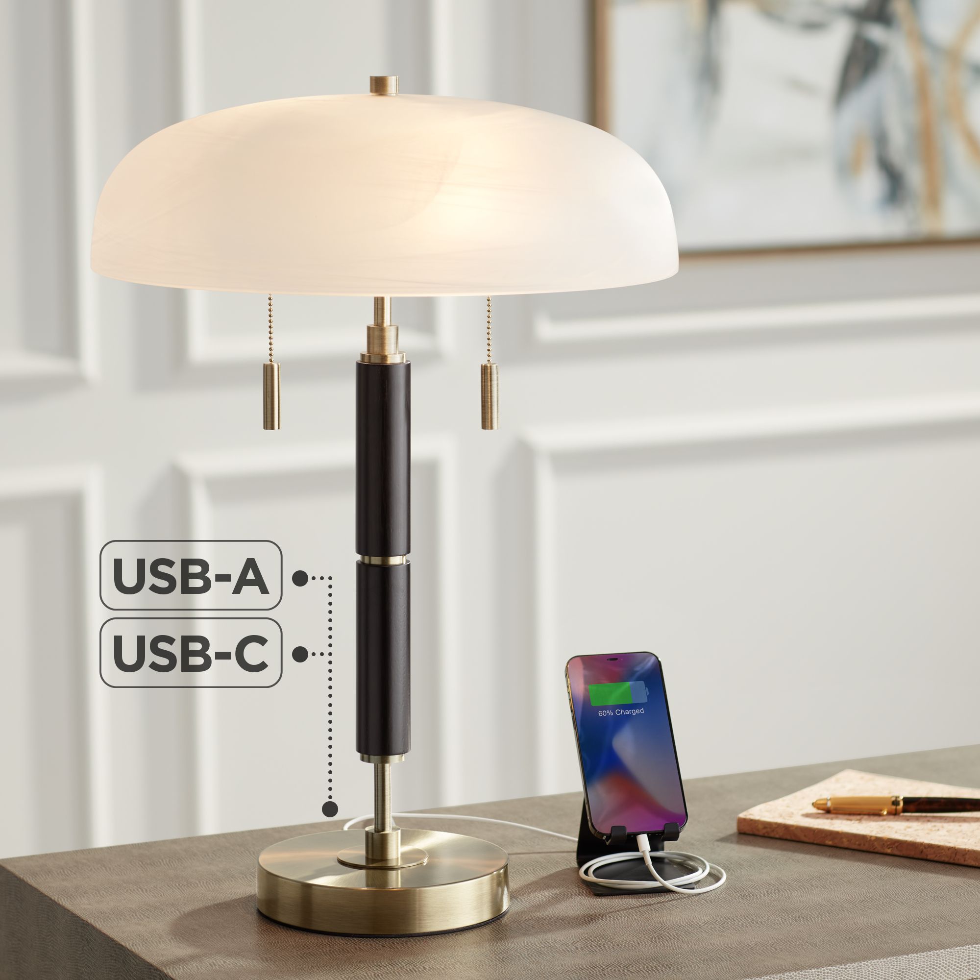 Possini Euro Wyndham 23" Glass Dome Shade Dual USB Ports Desk Lamp