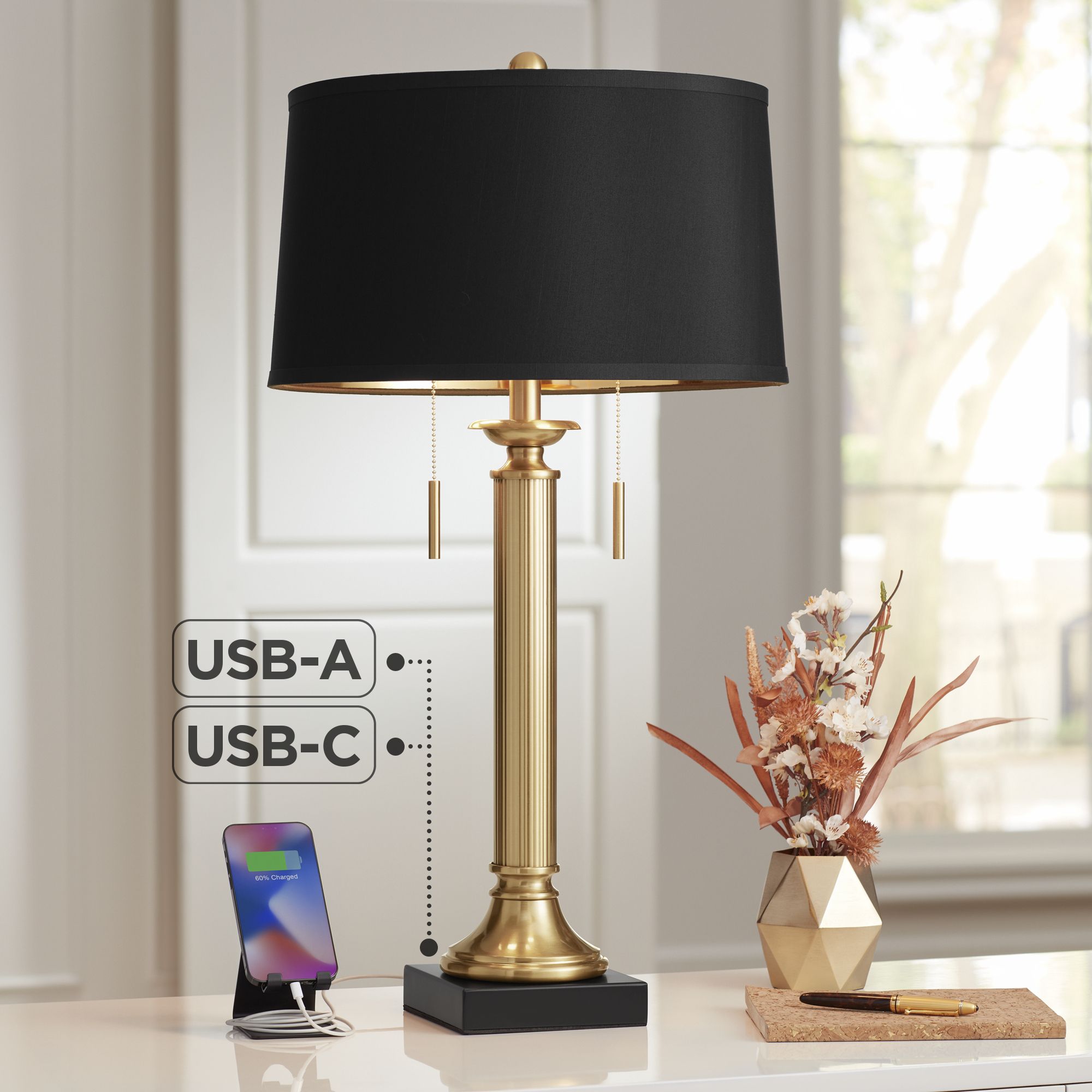 Possini Euro Wynne 30" Gold and Black 2-Light Lamp with Dual USB Ports