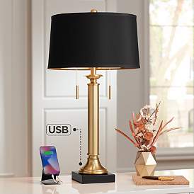 Image1 of Possini Euro Wynne Warm Gold and Black 2-Light Desk Lamp with Dual USB Port